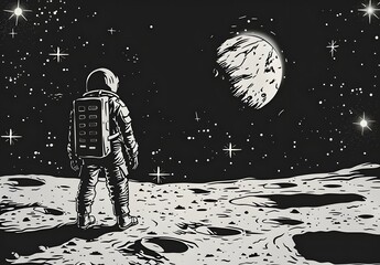 Obraz premium Hand-drawn Cartoon Astronaut on Moon with Earth and Galaxies