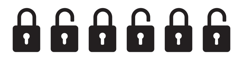 Padlock icon, security icon. Black locked unlocked padlock icon.
