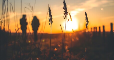 Silhouette People Sunset Grass Field