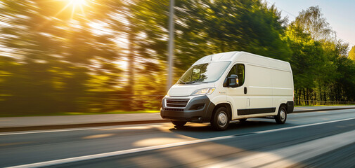 White modern delivery small shipment cargo courier van moving fast on motorway road to city urban suburb. Business distribution and logistics express service. Mini bus driving on highway on sunny day