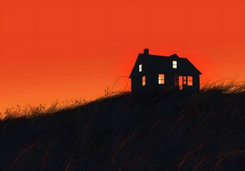 Minimalist Vector Art of Old Farmhouse with Firelit Windows