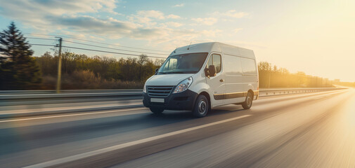 Obraz premium White modern delivery small shipment cargo courier van moving fast on motorway road to city urban suburb. Business distribution and logistics express service. Mini bus driving on highway on sunny day