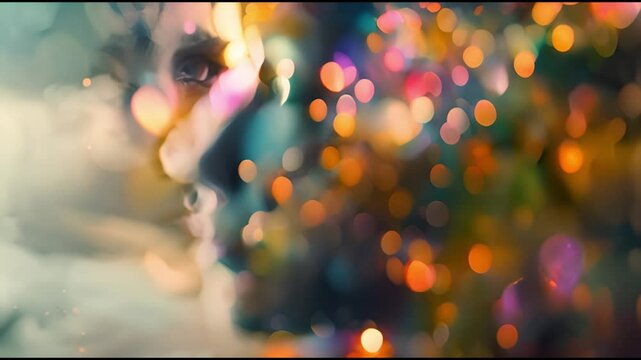 A woman's face is shown with a lot of detail, including her eyes, nose, and mouth. The image is a work of art, with a lot of color and texture. Scene is one of creativity and imagination