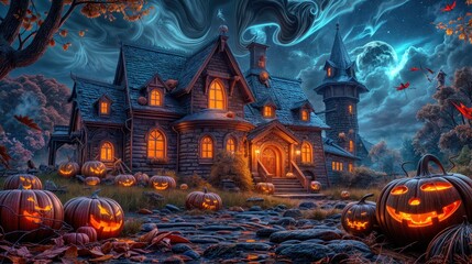 Spooky Halloween scene with glowing house windows, large pumpkins and scattered leaves. The dark, ominous sky enhances the eerie effect.