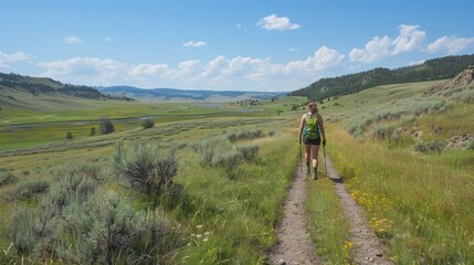 Woman Hiking Through a Lush Valley