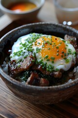 Beef rice bowl topped with egg