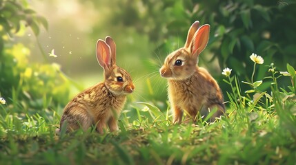 Obraz premium Little rabbit and curious baby bunny sits green garden nature background very detailed and realistic shape