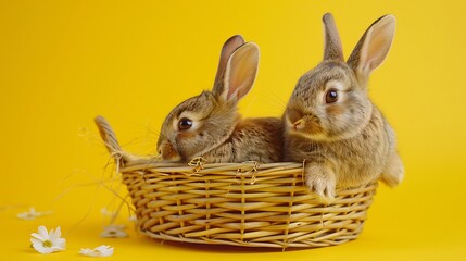 Fototapeta premium Little rabbit and curious baby bunny relaxing on a basket in a lemon yellow background very detailed and realistic shape