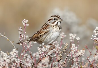 Fototapeta premium Savannah Sparrow Perched on Bush in Beige Background