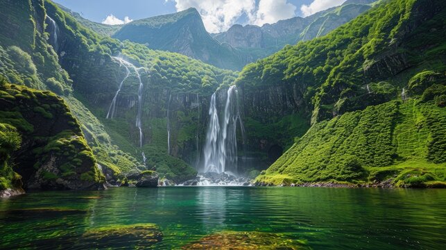 Majestic mountains covered in greenery with a crystal-clear waterfall cascading down.