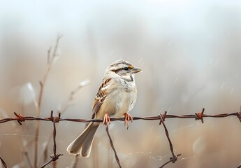 White-Crowned Sparrow Perched on Barbed Wire