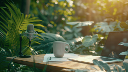 an outdoor podcast setup with a coffee, a laptop and a microphone on a wooden table, surrounded by lush greenery in the background