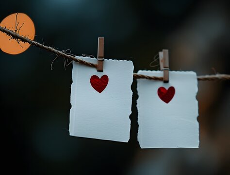 White Paper Notes With Red Hearts Hanging On String