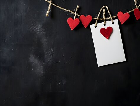 White Paper Note with Red Hearts Hanging on Black Background