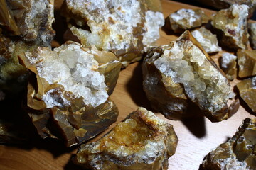 Chipped flint boulder with quartz geode