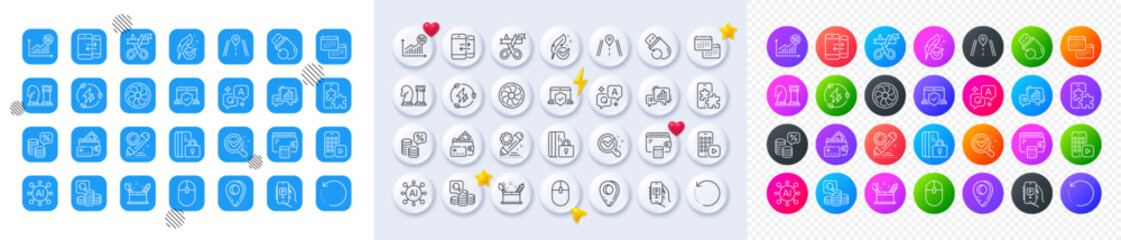 5g statistics, Chemistry lab and Computer mouse line icons. Square, Gradient, Pin 3d buttons. AI, QA and map pin icons. Pack of Fan engine, Money tax, Green electricity icon. Vector