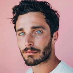 Obraz premium An image of a man with short hair and blue eyes against a pink background