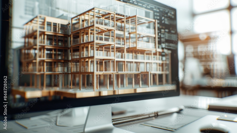 Poster a close-up shot of a computer screen displaying a detailed digital visualization of a modern buildin