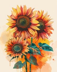 Three vibrant sunflowers with watercolor splatters, symbolizing joy and warmth.