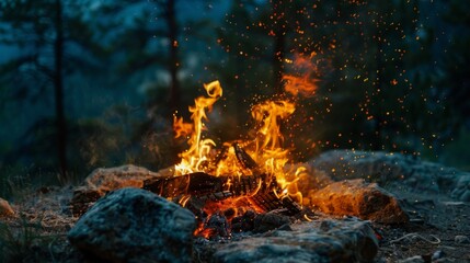 A close-up photo of a roaring campfire in a remote forest setting, with sparks flying upward against a dark background