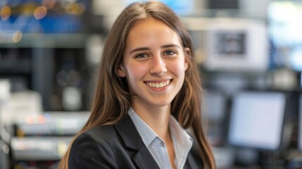 Fototapeta premium A closeup photo of a smiling female electronics engineer in her workspace