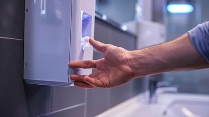 A mans hand reaches out to an automatic soap dispenser mounted on a wall in a bathroom