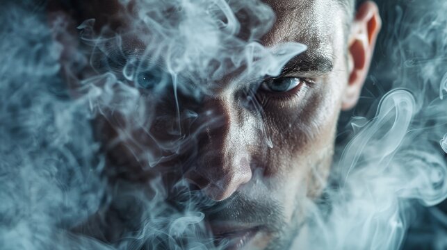 A dramatic close-up photo of a man with smoke billowing around his face, capturing the intensity of his gaze and the smoky environment