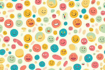 A cheerful pattern of smiley faces in various colors and expressions, scattered across a light background.