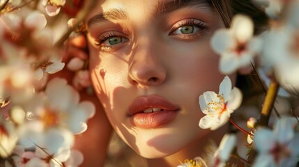 Fototapeta premium A closeup portrait of a woman with green eyes framed by delicate white blossoms. The soft, natural lighting creates a warm and inviting atmosphere