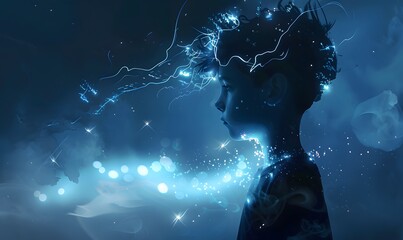 Side view of a boy with a glowing brain on dark blue background