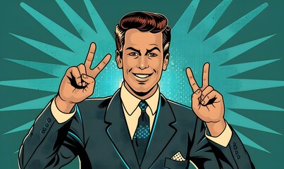 Pop Art Style Vector of Smiling Man in Suit Showing Two Fingers