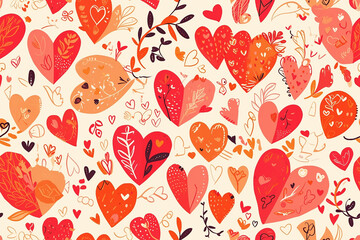 Romantic pattern featuring red and orange hearts and decorative elements on a light background. This seamless tile design is perfect for Valentine's Day or love-themed projects, adding 