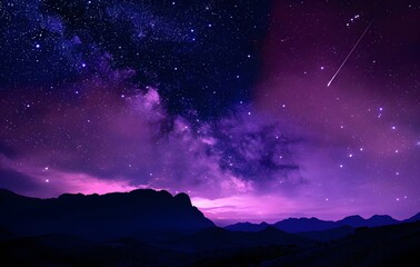 Naklejka premium Purple Night Sky with Milky Way and Shooting Star