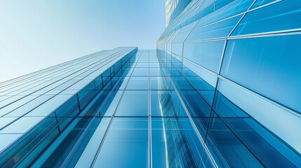 A low angle shot showcasing the sleek lines and reflective surfaces of a modern glass skyscraper against a clear sky