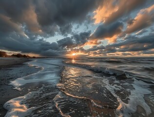Obraz premium Dramatic Sunset Over Empty Winter Beach