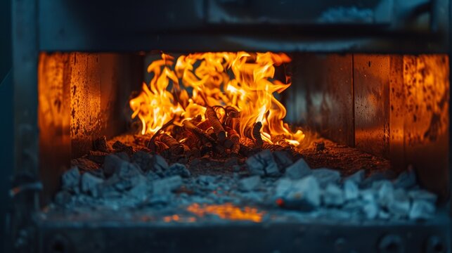 A low-angle photo captures the intense flames burning inside a crematorium furnace, emphasizing the heat and solemn atmosphere