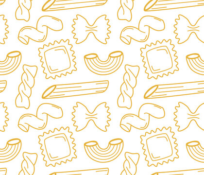Seamless pattern with different pasta types. Vector contour background