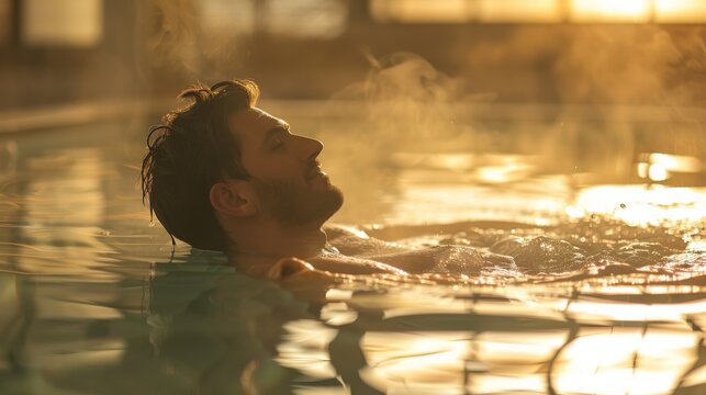 A low-angle shot of a man relaxing in a jacuzzi at a luxurious spa. Steam rises from the water, creating a serene and tranquil atmosphere
