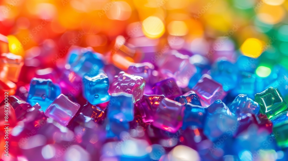 Poster a close-up photograph highlighting the texture and colors of plastic granules, creating a visually a
