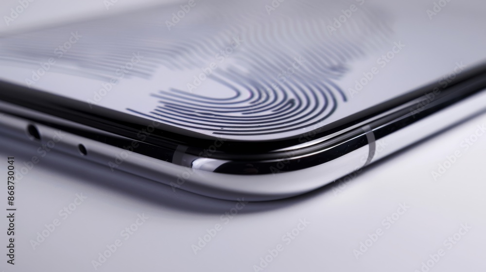Poster a close-up macro photograph showcasing the intricate details of a fingerprint scanner on a smartphon