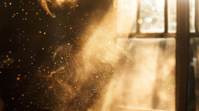 A macro photo of dust particles floating in the air, illuminated by sunlight streaming through a window