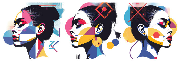 Abstract Beauty Queens Collection: Set of 3 with Geometric Shapes, Unique Patterns, Creative Poses for Advertising Banner isolated cut out dicut PNG on transparent