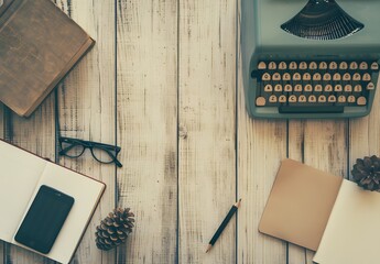 Vintage Typewriter Stationery Flat Lay On Wooden Table