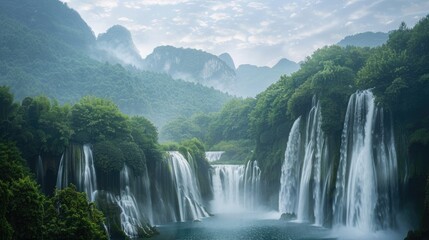 Misty mountains with dense green foliage and a stunning waterfall cascading into a serene pool.