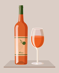 Bottle of orange wine with glass. Vector illustration of modern alcohol drink