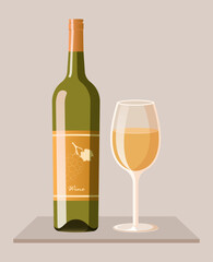 Bottle of white wine with wine glass. Vector illustration of alcohol drink