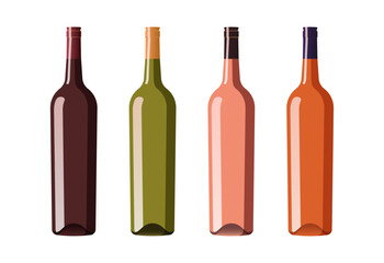 Vector illustration of wine bottles. Set of wine bottles of different types and colors