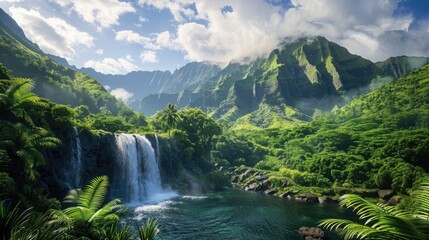 Fototapeta premium Mountain range covered in lush greenery with a crystal-clear waterfall.