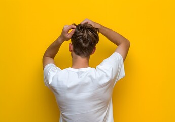 Young Man Touching Head in Thought, Back View with Yellow Background