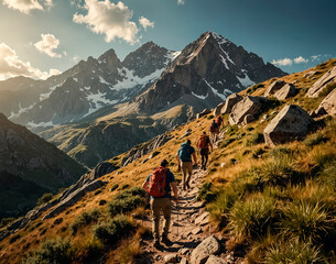 Obraz premium Tourists hike up the mountains